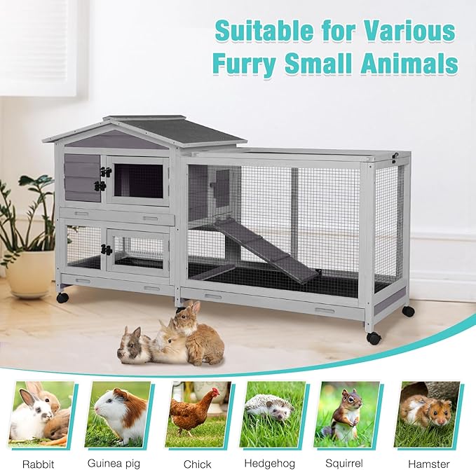 62" Rabbit Hutch with Chew-Proof Ramp & Waterproof Roof - Indoor/Outdoor Bunny Cage, 2-Story Design, 6 Lockable Caster Wheels & Dual Pull-Out Trays (Grey)-PawvioPets