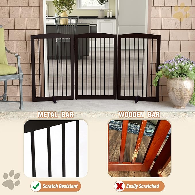 Freestanding Pet Gate for Dogs, Foldable Wooden Dog Gate for House Indoor, Tall Pet Fence for Stair, Doorway,Hall, Support Feet Included, 3 Panels 32",Brown-PawvioPets