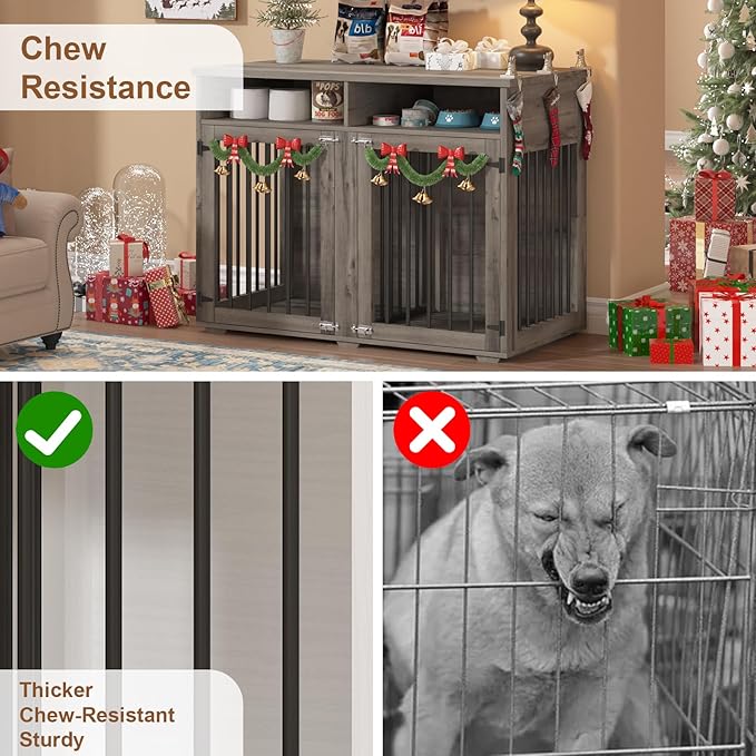 Furniture Dog Crate for 2 Dogs, 41 Inch Dog Kennel Furniture with Removable Divider and Shelf Storage, Wooden Dog Crate for Small/Medium Dogs, Grey-PawvioPets