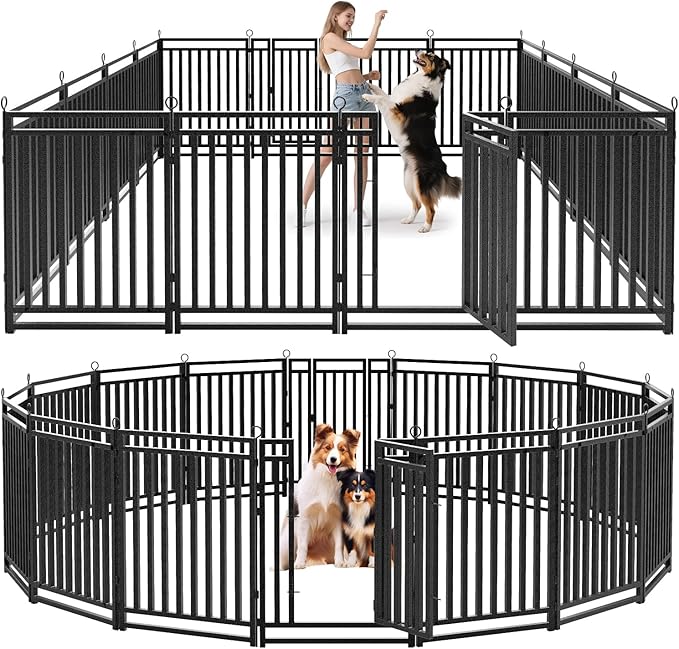 Dog Fence Outdoor Indoor, 40" Inch Height 16 Panels Dog Playpen for Large/Medium/Small Dogs Metal Dog Pen for Yard Camping and RV | Black-Silver-PawvioPets