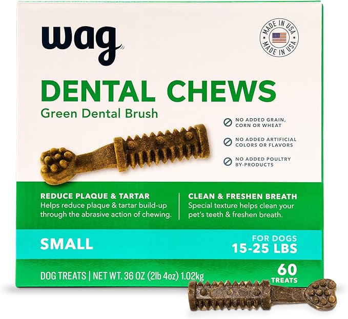 Amazon Brand - Wag Dental Dog Treats to Help Clean Teeth & Freshen Breath - Small, Unflavored, 2.25 pounds, 60 Count (Pack of 1)-PawvioPets