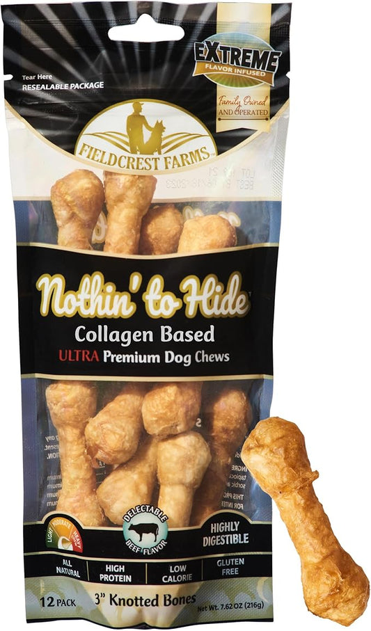 Fieldcrest Farms Nothin' to Hide 3 inch Ultra Knotted Bone Treats - Natural Rawhide Alternative Treats for Dogs, Collagen Based Snack for Heavy Chewers up to 15lbs - Beef Flavor, 12 Pack-PawvioPets