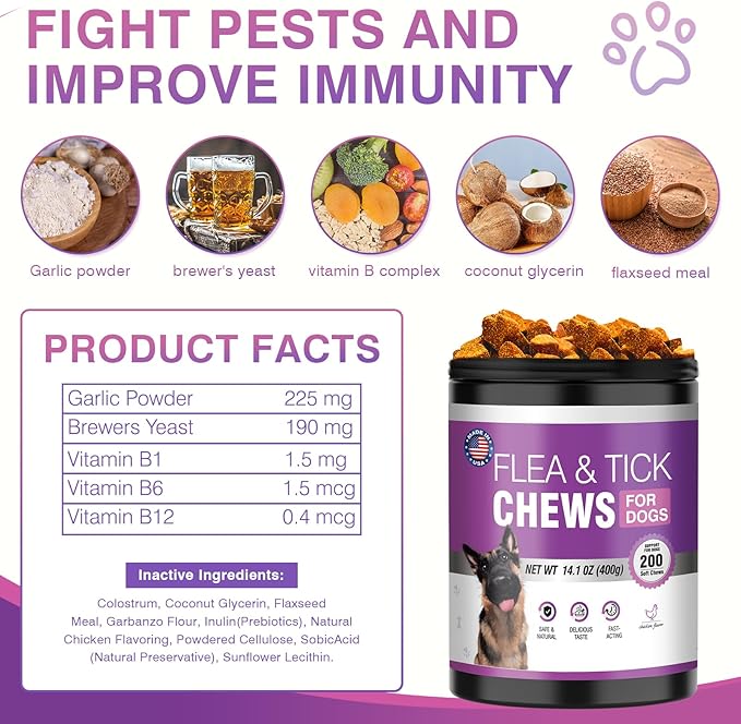 Dog Flea and Tick Treatment Chewable 200 Treatment Chews Natural Soft Chew Fleas Ticks Treatment Dog Oral Chewables Support Supplement Pest Defense Breeds and Ages Dogs Chicken Flavor-PawvioPets