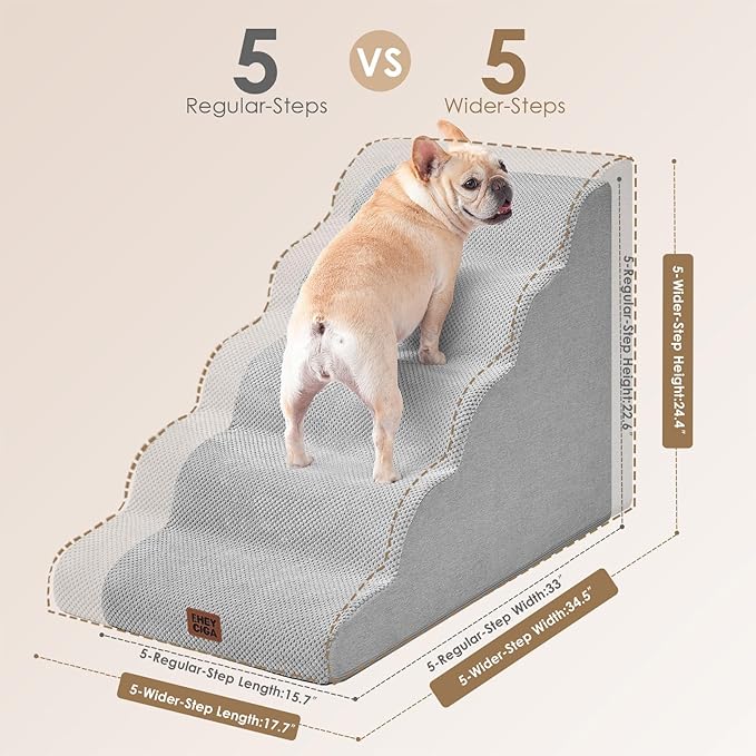 EHEYCIGA Curved Dog Stairs Ramp for High Beds, 5-Step Extra Wide Dog Steps for Small Dogs and Cats, Pet Stairs for High Bed Climbing, Non-Slip Balanced Pet Step Indoor, Light Grey-PawvioPets