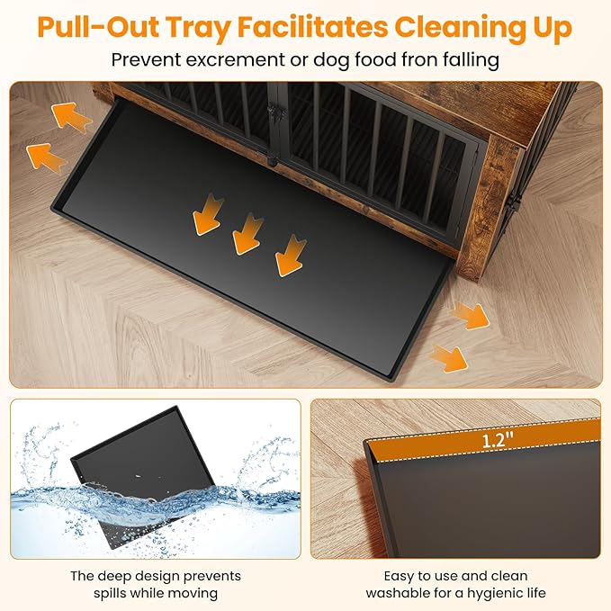 Dog Crate Furniture, Dog Crate End Table for Medium and Large Dogs,Wooden Cage Kennel Furniture Indoor, Modern Dog Crate with Multi-Purpose Removable Tray, Double-Doors Dog Furniture-PawvioPets