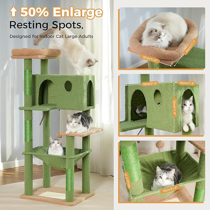 54” Cat Tree for Large Cats Big Cat Tower with Enlarged Hammock 21.6x17.7” Spacious Cats Condo House, Roomy Top Bed,Multiple Scratch Posts and Pad for Indoor Adult Cats (Green, Large-54)-PawvioPets
