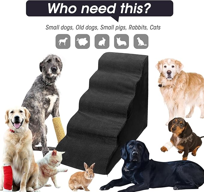 Dog Stairs&Steps for High Beds Up to 28'', 5-Step Dog Ramp for Small Medium Dogs with Washable Cover, Pet Steps for Cats to Get on Couch and Sofa, Durable Foam Ladders, 24.4" Tall, Black-PawvioPets
