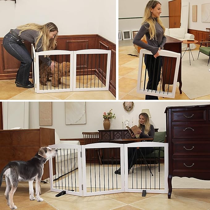 Foldable Wooden Freestanding Dog Gate - 32" H, 3 Panels, Stairs/Doorways, Support Feet Included, White-PawvioPets