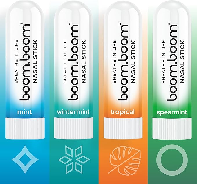 BoomBoom Nasal Stick | Vapor Flow Technology | Cool Refreshing Sensation | Natural Mood Boost | Simple Ingredients | Essential Oils + Menthol Inhaler (Mint, Wintermint, Tropical, Spearmint)-PawvioPets