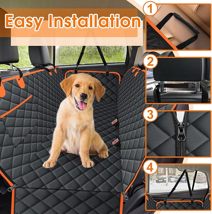 Dog Car Seat Cover, Durable Waterproof Scratch Proof Nonslip Dog Hammock, Back Seat Covers with Pocket for Cars SUVs and Trucks - S, Black/Orange-PawvioPets