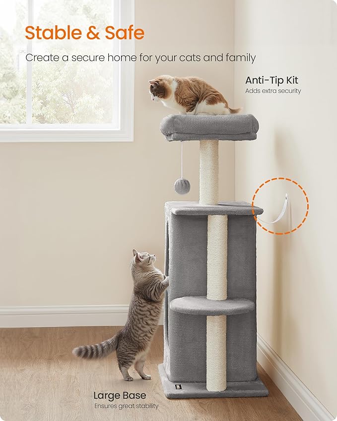 Feandrea Cat Tree Tower with 2 Caves for Multi-Cat Households, Kittens, Scratching Posts, Light Gray UPCT005G01-PawvioPets