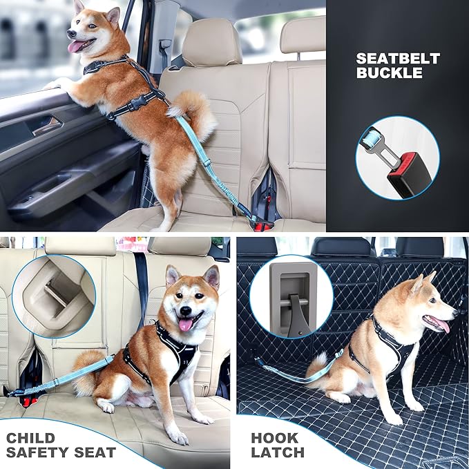 Dog Seat Belt 3-in-1 Car Harness for Dogs Adjustable Safety Seatbelt for Car Nylon Reflective Bungee Fabric Dog Car Harness with Clip Hook Latch & Buckle, Swivel Zinc Alloy Carabiner (Light Blue)-PawvioPets