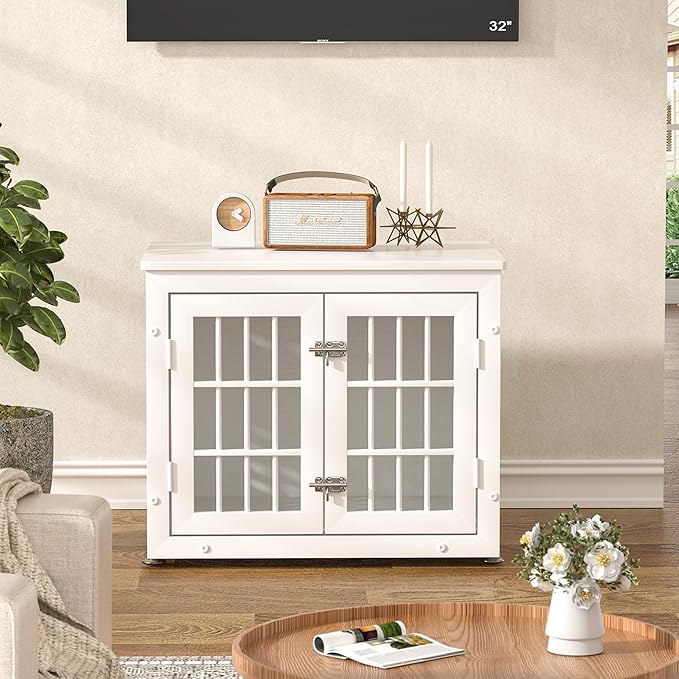 26" Heavy Duty Dog Crate Furniture for Small Dogs, Metal Kennel for High Anxiety Dogs, Chew Proof Pet Cage Indoor, Decorative Kennel End Table, White-PawvioPets