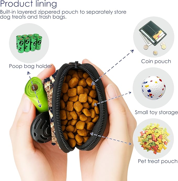 Dog Treat Pouch for Pet Walking and Training with Clicker Poop Bags and Double Bag Design Small Fanny Zipper Pack Holder for Puppy Snack Dispenser Kit for Leash and Outdoor Use Snake Skin-PawvioPets