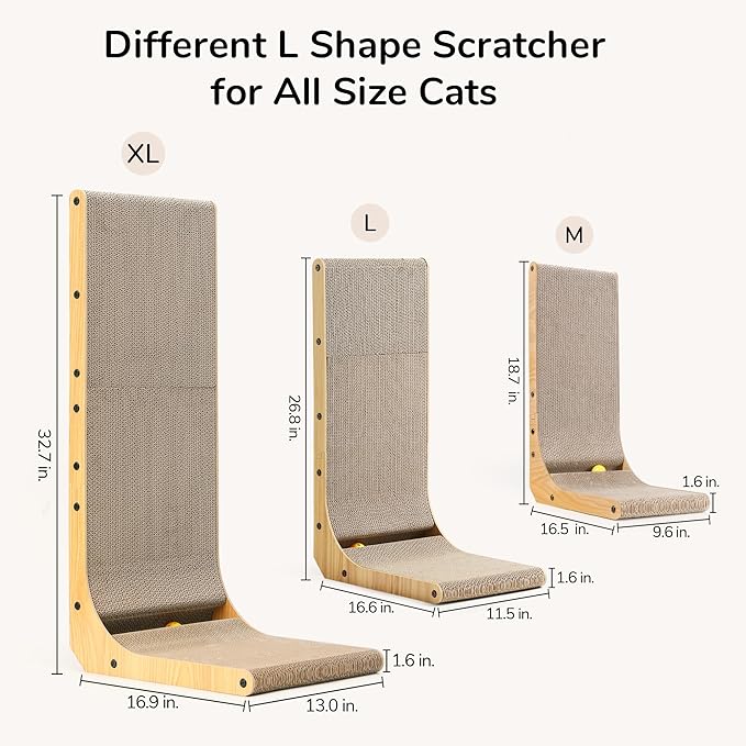 FUKUMARU Cat Scratcher, 32.7 Inch L Shape Cat Scratch Pad Wall Mounted, Cat Scratching Cardboard with Ball Toy for Indoor Cats, Extra Large-PawvioPets