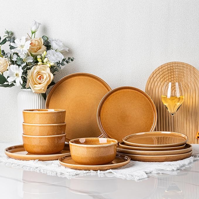 GBHOME Ceramic Dinnerware Sets for 4, 12 Pieces Stoneware Plates and Bowls Sets, Scratch Resistant Dishes, Dishwasher & Microwave Safe, Reactive Glaze-Amber-PawvioPets