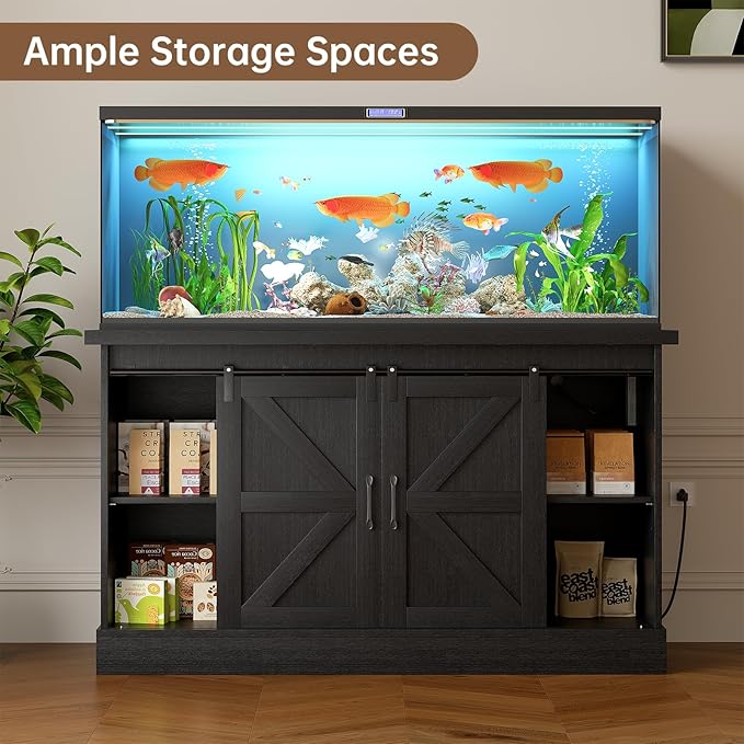 55-75 Gallon Fish Tank Stand with Sliding Barn Doors & Power Outlet, Heavy Duty Aquarium Stand with Cabinet Storage for Fish Tank, Turtle Tank, Reptile Terrarium, 1000LBS Capacity, Black-PawvioPets