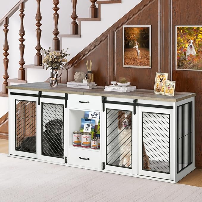 Extra Large Dog Crate Furniture, 85" Sliding Door Double Kennel for 2 Large Dogs Divided, Heavy Duty Wooden Dog Crate Kennel Furniture with 4 Dog Bowls and Drawer Indoor, White-PawvioPets