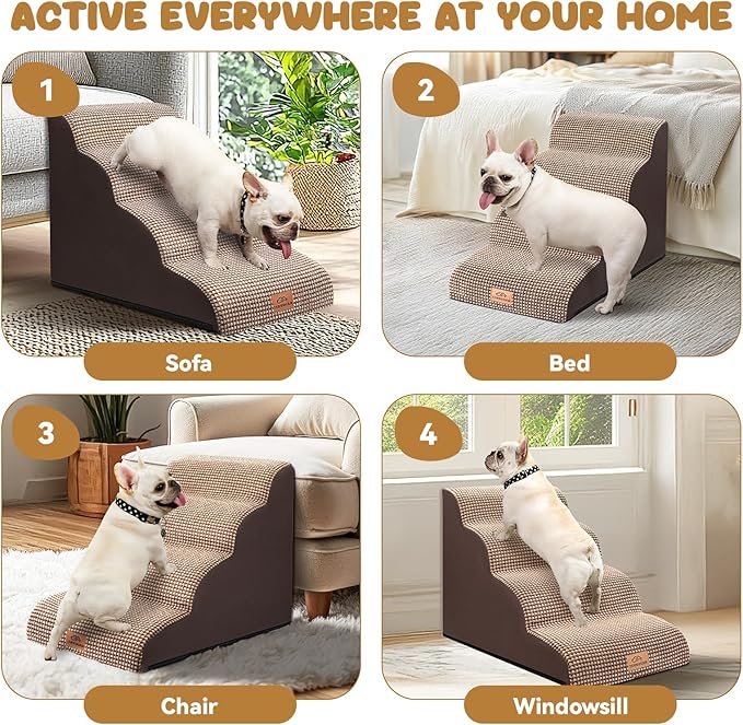 Dog Ramp and Stair for Bed 16" H-20 H,3-Step Cat Stair for Sofa and Chair,4-Step Dog Ramp for High Bed and Window,Durable Nonslip Fabric Cover for Indoor (Coffee-20 H, Pet Friendly, 4)-PawvioPets