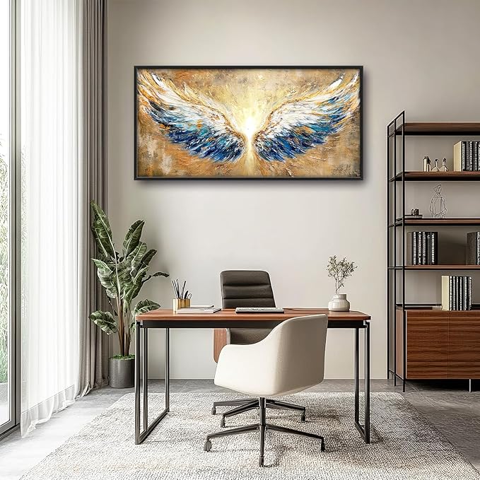 Extra Large Angel Wings Framed Wall Art for Living Room,Oversized Golden Wings Pictures Wall Decor,Holy Gold Blue Canvas Print Painting Modern Artwork Bedroom Office Bathroom 60L" x 30W"-PawvioPets