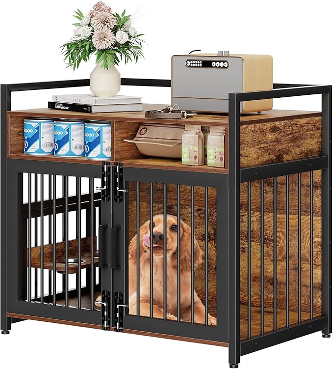 Furniture Style Dog Crate with Storage, 41 Inch Dog Crate Furniture with Double Doors, 2 Stainless Steel Bowls, Dog Crate Furniture-Style Crate for Large/Medium Dog-PawvioPets