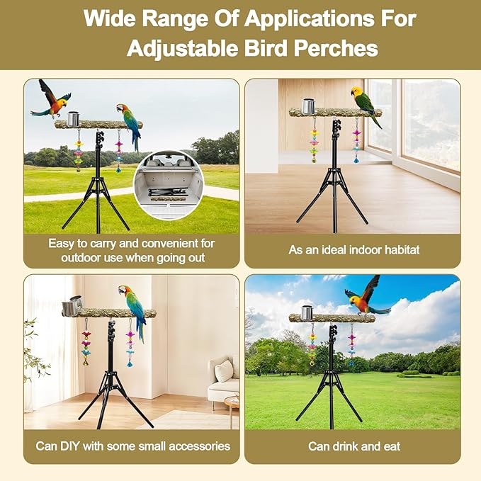16-63 Inch Height Adjustable Bird Perch Pepper Wood Parrot Training Perch Stand with Feeding Cups and Swing Toy Parakeet Perches Indoor and Outdoor Parrot Stands for Small to Medium Bird-PawvioPets