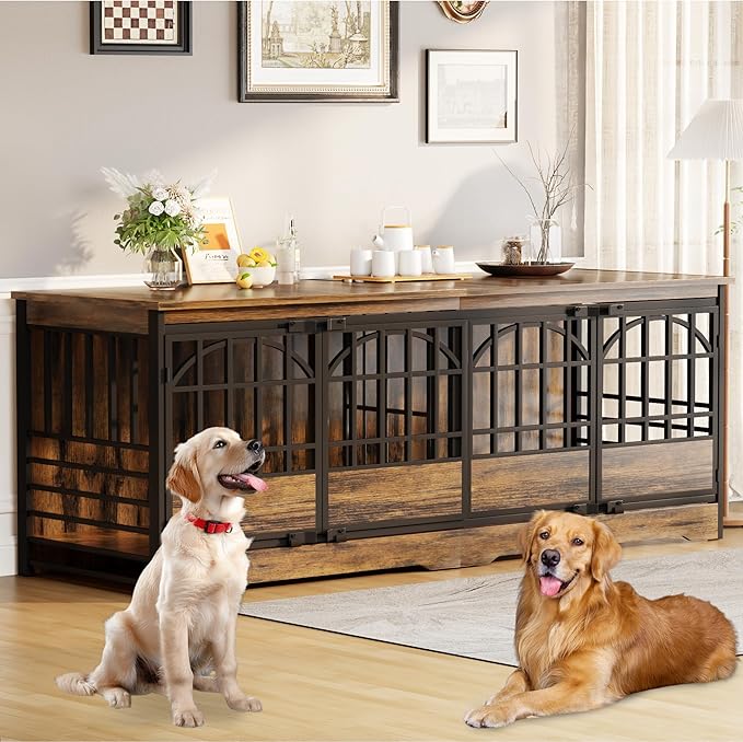 COZPAW 86 Inch Double Dog Crate Furniture for 2 Large Dogs, Decorative Dog Kennel Indoor TV Stand, Heavy Duty Wooden Dog Cage for Large Medium Dogs Sized Dog Pet House with Divider (Brown)-PawvioPets