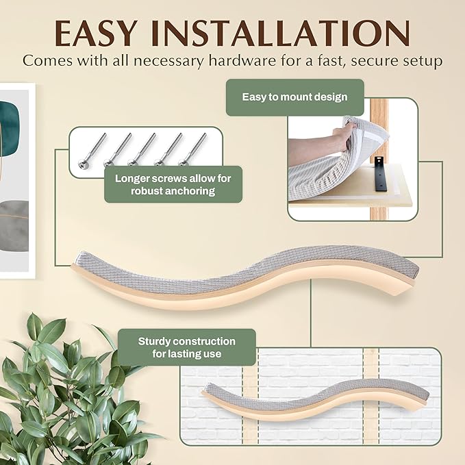 Extra Large 35.4” × 11.6” Stylish Cat Wall Shelves with Soft Cushion, Modern Wall-Mounted Cat Tree Furniture & Perch, Sturdy/Hidden Mounts, Machine Wash Cover, Sleek Design- CALLICO HAVEN Wave S-Shape-PawvioPets