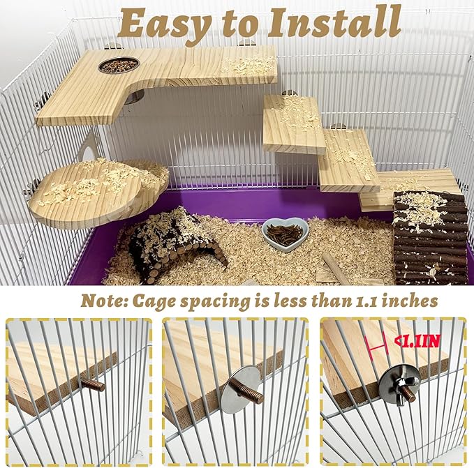 8 Pcs Wooden Hamster Cage Platform Set Wood Juvenile Chinchilla Shelves, Squirrel L-Shape Corner Ledge with Hole Cooling Standing Board Rat Cage Accessories for Gerbil Small Animal Climbing-PawvioPets