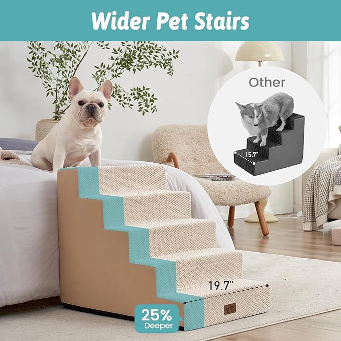 Dog Stairs for Small Dogs, 5 Tier Wider Pet Stairs for High Beds, 23.6" H Non-Slip Dog Steps for Old Cats, Puppies, Small Medium Dogs, 29.5x19.7x23.6 inch, Beige-PawvioPets