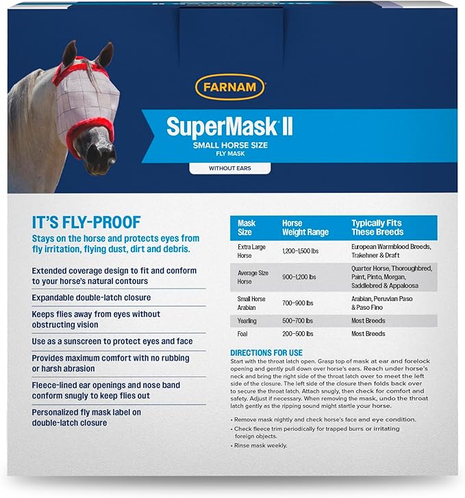 Farnam SuperMask II Fly Mask Without Ears for Smaller Horses or Arabian Horses,Full Face Coverage & Eye Protection from Insect Pests, Structured Classic Mesh with Plush Trim,Small Horse/Arabian Size-PawvioPets