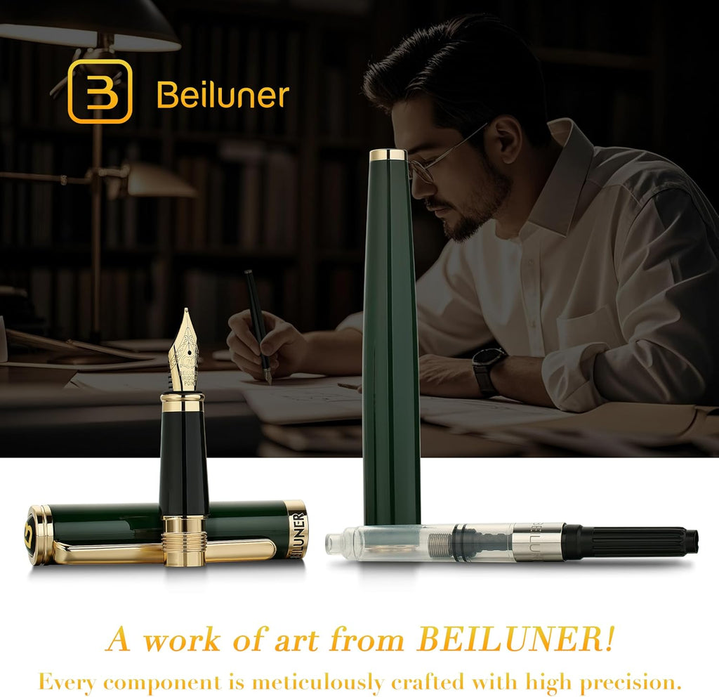 BEILUNER Racing Green Fountain Pen,Stunning Luxury Pens with 24K Gold Finish, Gorgeous 24K Gilded Nib(Medium), Fancy Pen Gift for Men&Women -Ink Converter-Christmas, Office,Fancy,Nice Pen for Writing