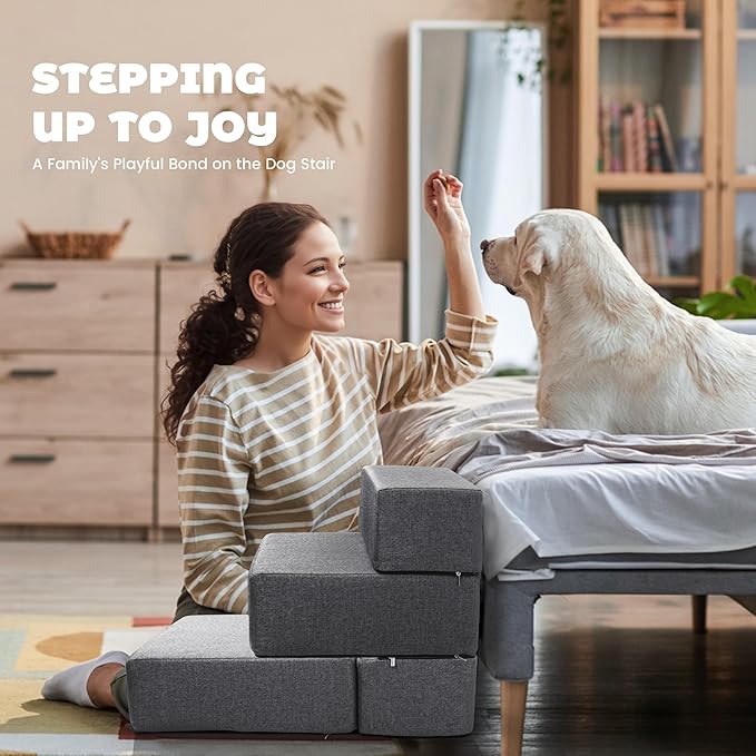 Foldable 18 Inch Wide 3 Step Wide Dog Stairs for Large Dogs, 18 Inch Height Foam Dog Steps for Bed & Couch, Linen Covered Pet Stairs for Dogs to Get on Bed, Outdoor Foam Pet Steps for for Cars & SUV-PawvioPets