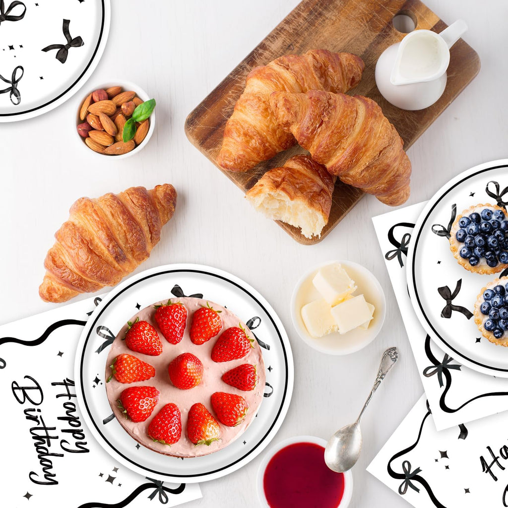 40pcs Black Bow Birthday Decorations Sophisticated Coquette Birthday Supplies,Black Bow Plates and Napkins,Suitable for 20 Guests