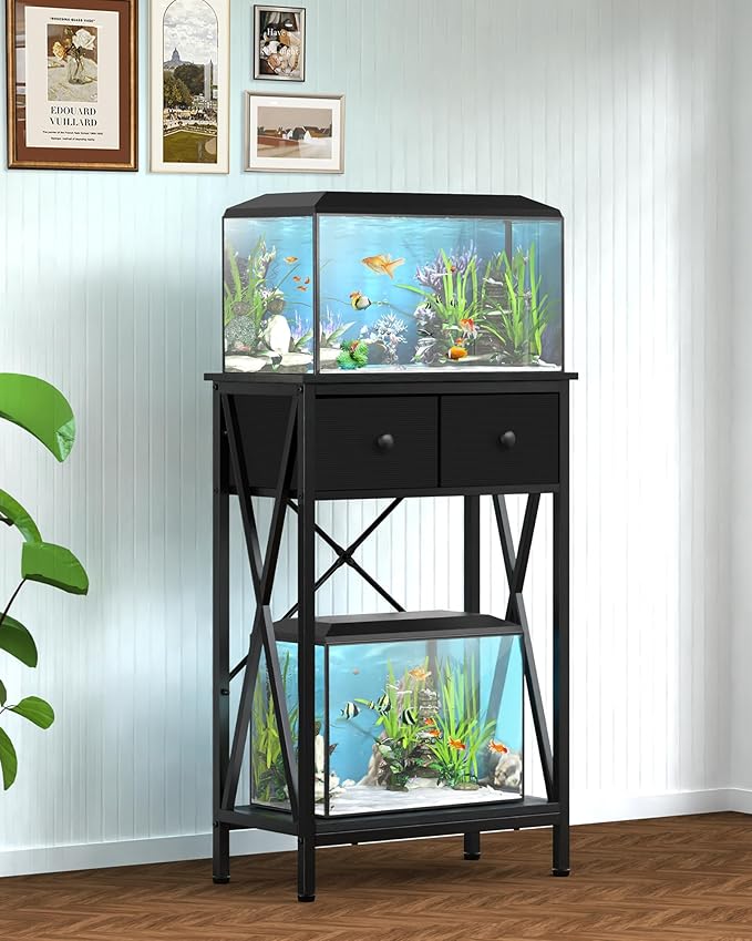 Fish Tank Stand for 5-10 Gallon Fish Tank: Aquarium Stand with Power Outlet - Metal 10 Gallon Tank Stand with Cabinet Drawer Storage for Turtle Tank, Reptile Terrarium (Black, 220LBS Capacity)-PawvioPets