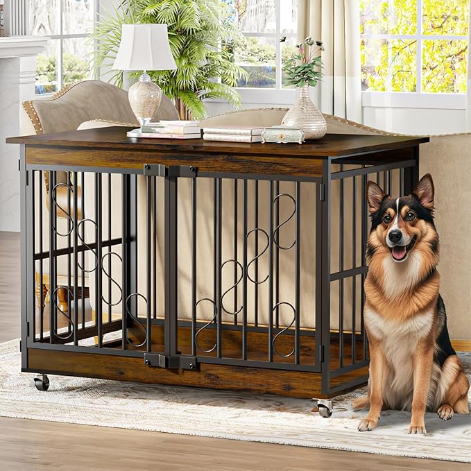 COZPAW Dog Crate Furniture, 48 Inch Dog Crates for Medium/Large Breed, Farmhouse Wood Metal Kennel Indoor Heavy Duty Pet Cage with Caster Wheels (Brown)-PawvioPets