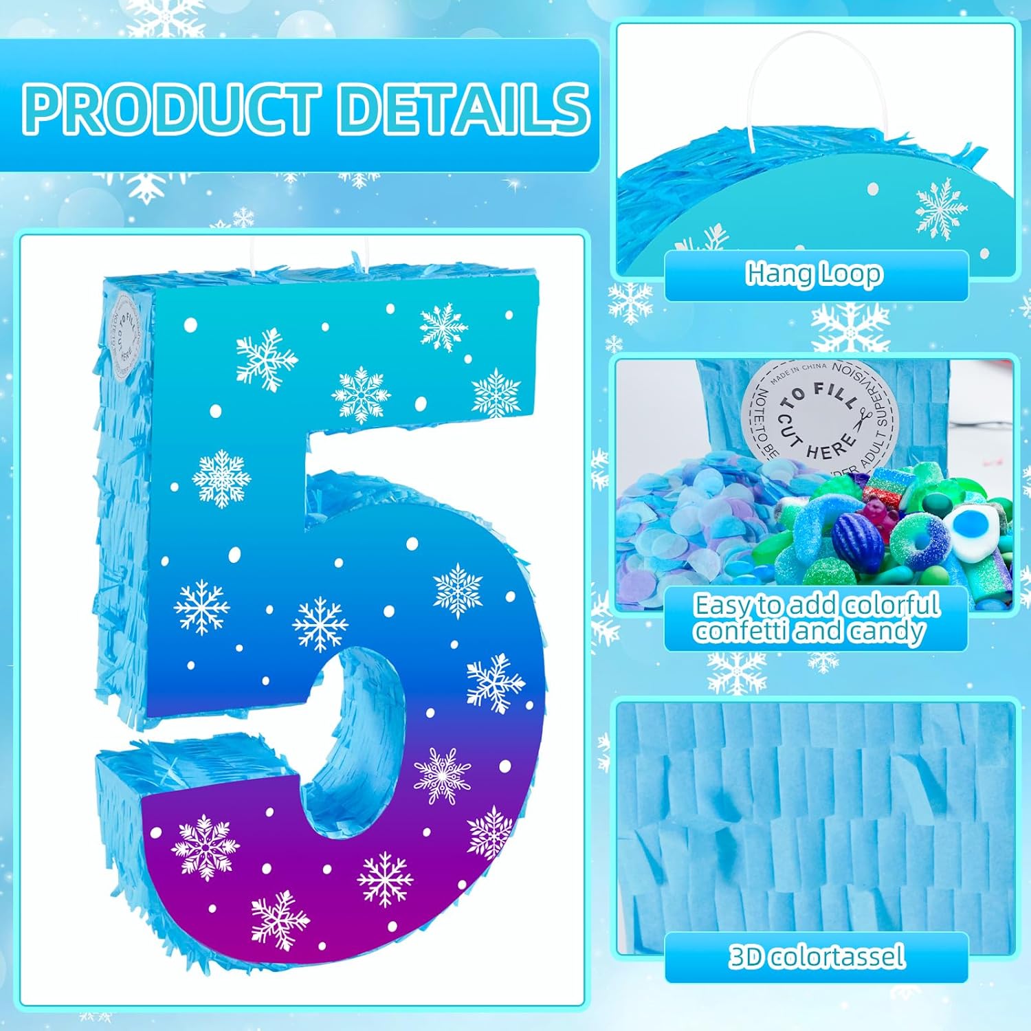 Snowflake Birthday Decorations, Winter Ice Snowflake Number 5 Pinata with Stick Blindfold and Confetti Snowflake Piñata 5th Birthday Party Decoration & Supplies (Snowflake 5)