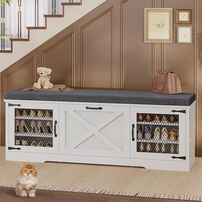 Farmhouse Storage Bench with Flip Drawers & Padded Seat Cushion, Half Hidden Shoe Rack Organizer, Adjustable Shelf Shoe Cabinet for Large Family, Entryway, Bedroom, Living Room (White)-PawvioPets