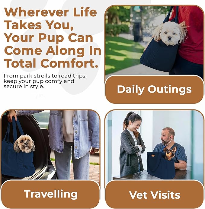 Corduroy Dog Carrier - Lightweight Cotton Soft-Sided Pet Tote with Safety Harness Clip - Breathable Travel Carrier for Small Dogs and Puppies (Dark Blue)-PawvioPets