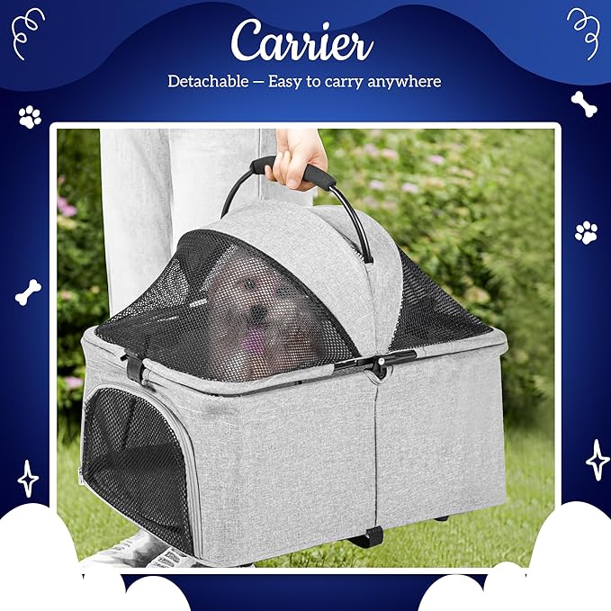 Detachable Pet Double Stroller with 4 Rolling Casters for 2 Pets – Lightweight Multifunctional Travel Stroller with Mesh Windows, Cup Holder, Sun Shades & Storage Pocket for Puppy and Kitty-PawvioPets