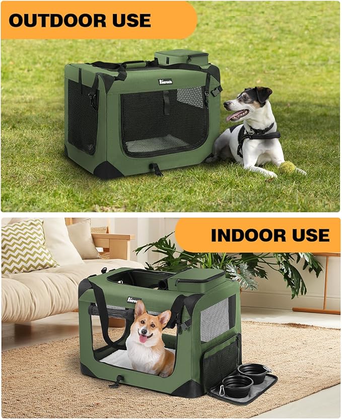 Extra Large Dog Crate with 2 Foldable Bowl, 40 Inch Collapsible Travel Dog Crate Kennel with Soft Blanket for Medium Dogs,Indoor & Outdoor (40" L x 27" W x 27" H, Green)-PawvioPets