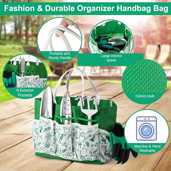 Garden Tool Set for Women, 12pcs Heavy Duty Gardening Tools, Cute Gardening Supplies Gifts for Women Mom, Garden Hand Tools with Fashion Organizer Handbag, Garden Tools for Gardening, Planting, Green-PawvioPets