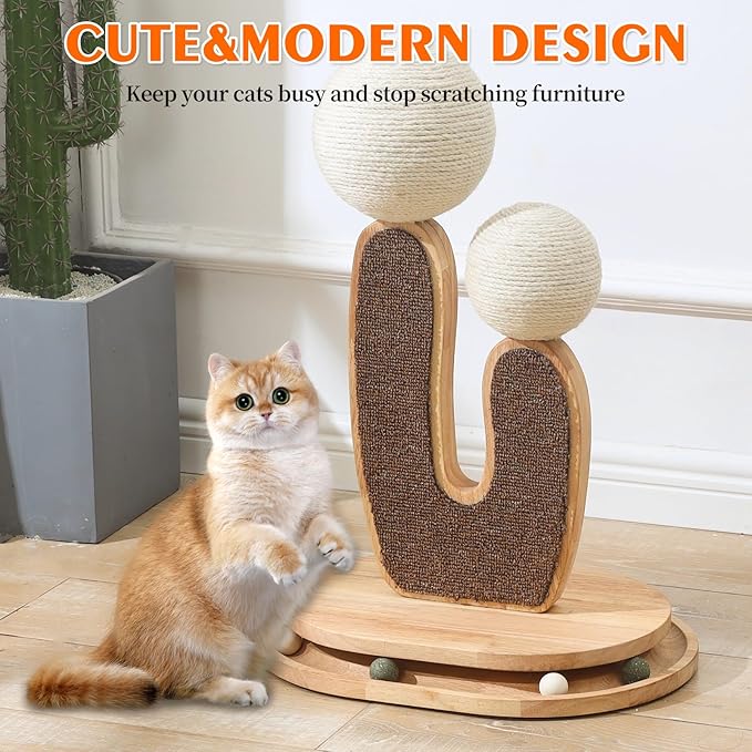 Cactus-Shaped Cat Scratching Post with Cat Scratcher, Interactive Toy Balls, Handmade with Natural Materials, Cute Cat Scratching Post, Easy-to-Clean Cat Furniture-PawvioPets