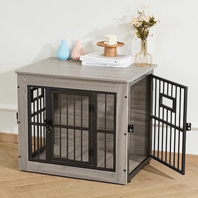 Gardner Pet Dog Crate Furniture for Small Dog, 27.2 Inches Dog Kennel Indoor, Wooden Dog Cage End Table, Heavy Duty Dog Crates, Rustic Grey-PawvioPets