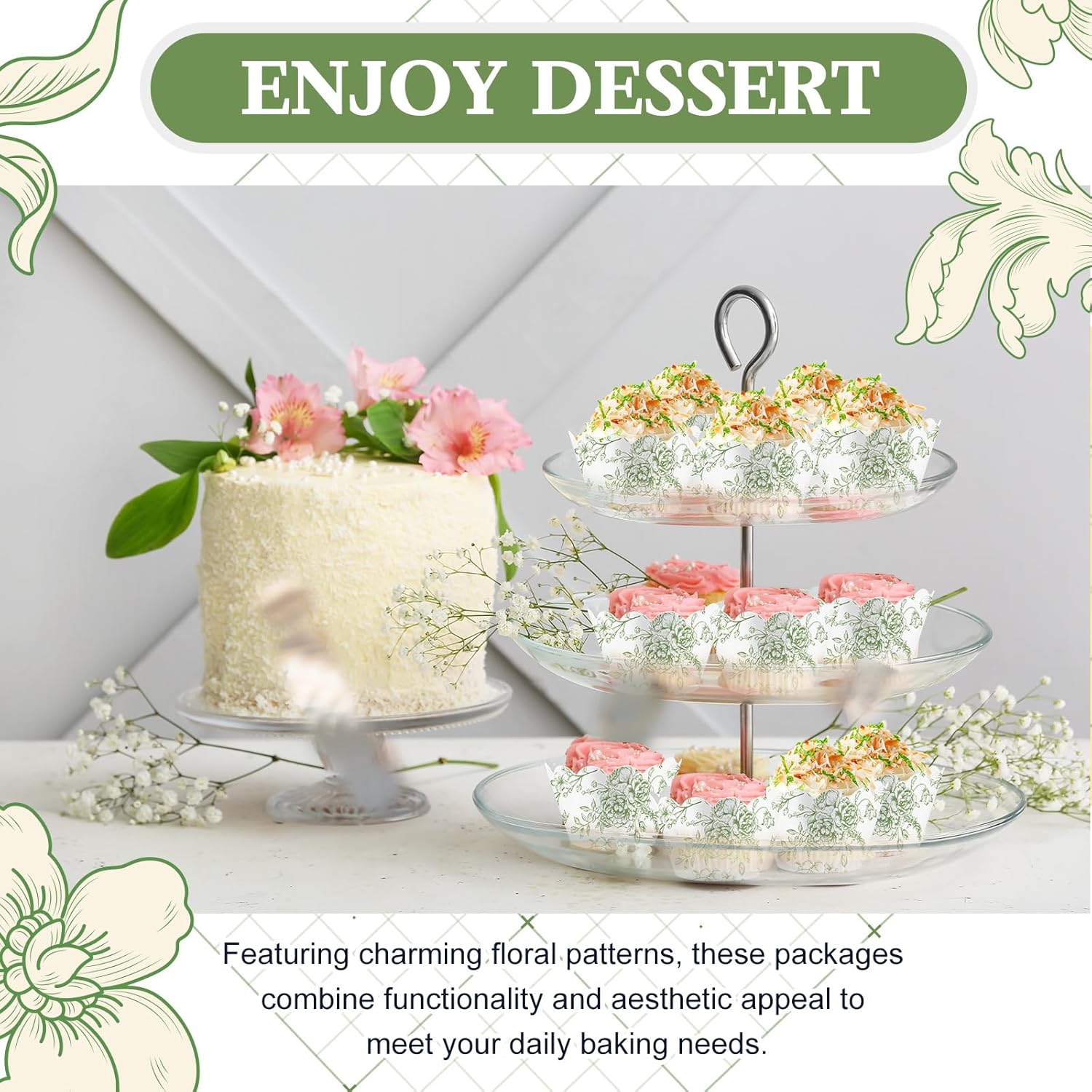 Domensi 100 Pcs Cupcake Wrappers Rustic Cupcake Liners Baking Cups Baking Liners for Wedding Bridal Baby Shower Birthday Party Supplies Dessert Decoration(Green, Floral)