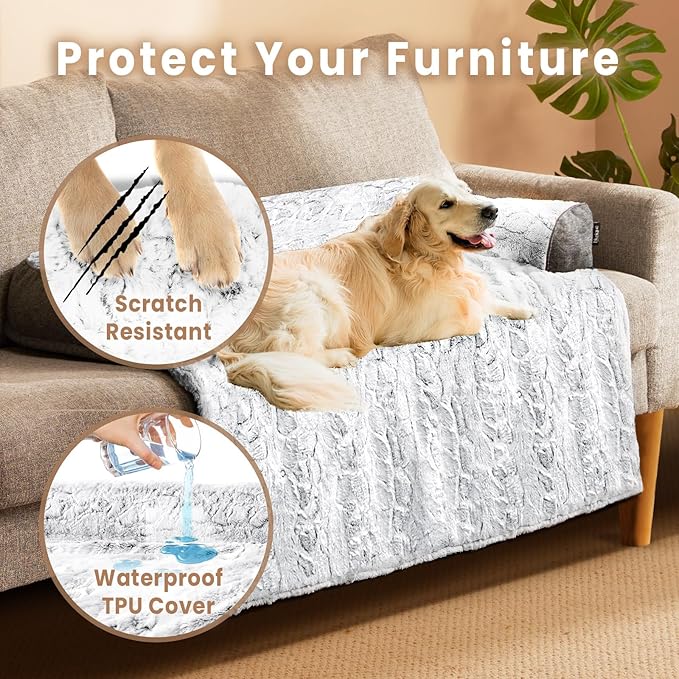 Calming Dog Bed for Couch, 35 x 31 inch Removable Couch Cover for Dogs/Cats Washable, Non-Slip Fluffy Plush Dog Sofa Mat for Furniture Protector - Grey-PawvioPets