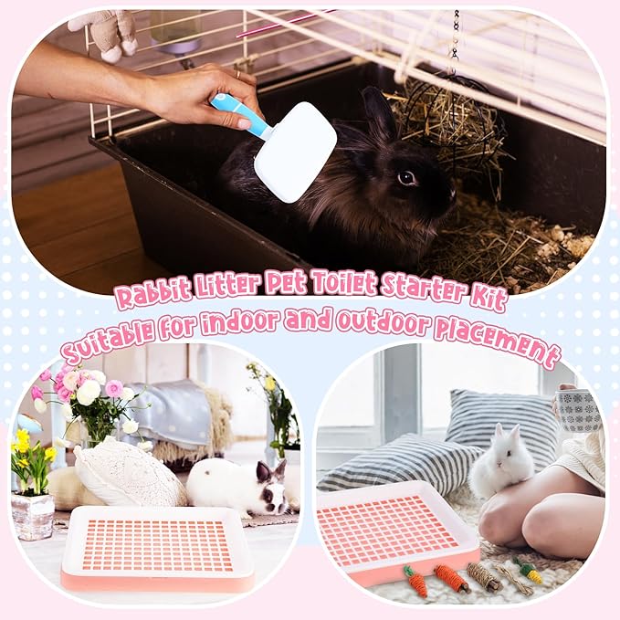 19 Pcs Rabbit Starter Kit Small Bunny Litter Box Rabbit Grooming Kit Water Bottle Bunny Toys Hay Feeder Bowl Blankets with Cleaning Set for Guinea Pig Accessories (Pink-White,Strawberry Bear)-PawvioPets