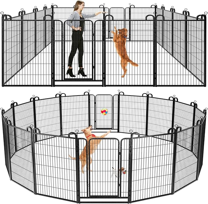 Dog Playpen Outdoor 16 Panels Heavy Duty Dog Fence 47" Height Anti-Rust with Doors Portable for RV Camping Yard, Total 36FT, 103 Sq.ft, Snowy Black-PawvioPets