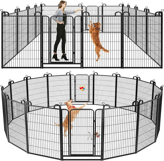 Dog Playpen Outdoor 16 Panels Heavy Duty Dog Fence 47" Height Anti-Rust with Doors Portable for RV Camping Yard, Total 36FT, 103 Sq.ft, Snowy Black-PawvioPets