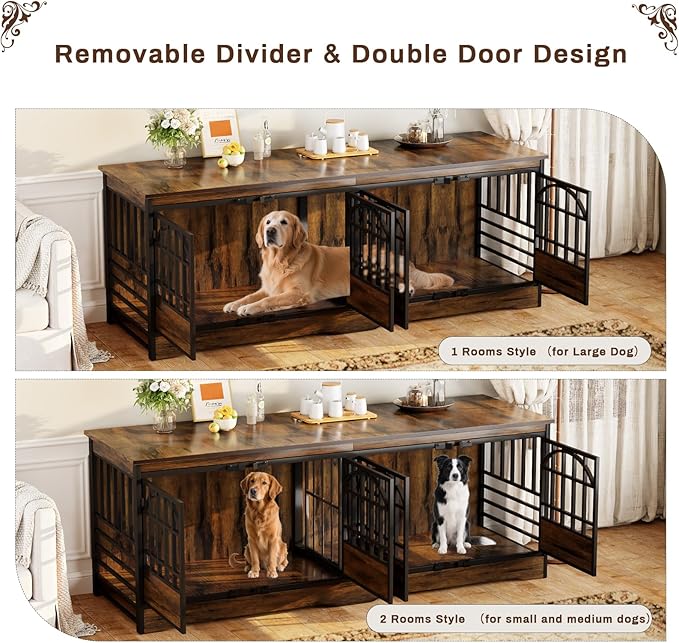 COZPAW 86 Inch Double Dog Crate Furniture for 2 Large Dogs, Decorative Dog Kennel Indoor TV Stand, Heavy Duty Wooden Dog Cage for Large Medium Dogs Sized Dog Pet House with Divider (Brown)-PawvioPets
